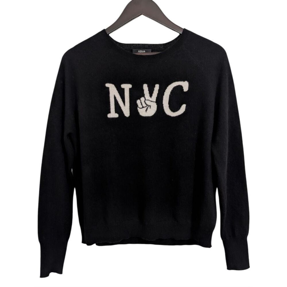 AQUA Cashmere NYC Peace Sign Pullover Sweater - 100% Cashmere - Large